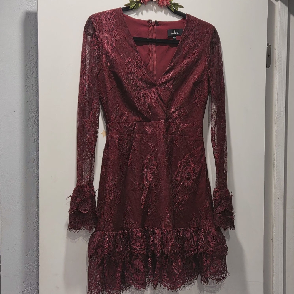 LULU'S Elegant Burgundy Lace Dress